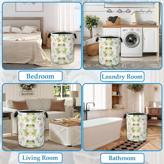 Cartoon Frog Flowers Laundry Hamper Collapsible Laundry Basket Portable Clothes Toy Storage Bin for Bathroom Bedroom Room Decor 16 X 20.8 Inch