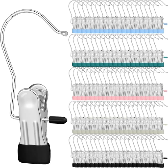 100 Pcs Boot Hangers Clips, Laundry Hook Hanging Portable Socks Towels Clothes Travel Drying Clothes Pins for Travel (Black + White + Pink + Blue + Dark Green)