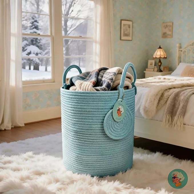 Modern Granny Medium Cotton Rope Laundry Hamper 14x16 Inch Dual Secure Woven Handle for Living Room Closet Clothes Blanket Organization