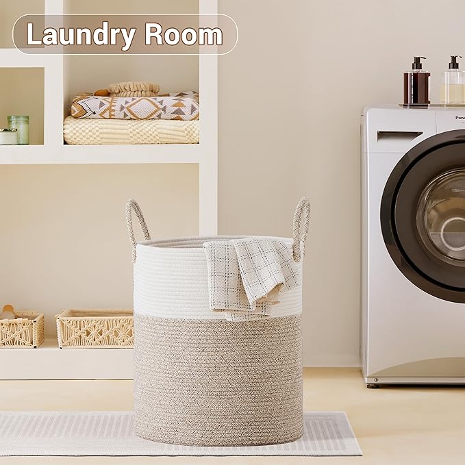 Tall Laundry Basket with Handles, 88L Portable Dirty Clothes Hamper, Boho Cotton Rope Storage Bin for Blankets Kids Toys Gifts, Large Organizer for Baby Nursery Bedroom Bathroom, Brown