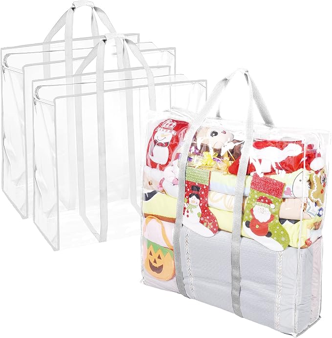 ProPik Clear Storage Bag Gift Wrap Clothes Organizer Big Zippered Christmas Decorations Storage Vinyl Bag for Under Bed Moving Bedding Linen Pillow Blanket Cloth Bag Reinforced Handles (White, 3)