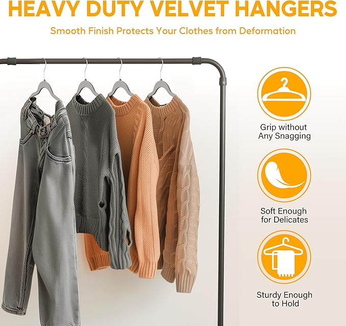 HealSmart 30 Pack Heavy Duty Velvet Hangers, Non-Slip Flocked Felt Hangers with Shoulder Notches, Hangers for Coats, Pants and Dress Clothes, Grey