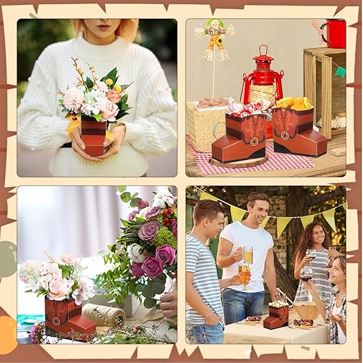 24 Pcs Cowboy Boots Paper Boxes Western Theme Party Decorations Favors Wild West Popcorn Boxes Boot Shape Bag for Cowboy Birthday Bachelorette Baby Shower Party Supplies(Brown)