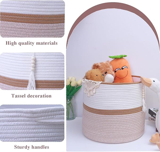 Cotton Rope Storage Bin,Natural Handmade Woven Hamper for Living Room,Blanket Basket for Clothes, Pillows, Towels (brown, 100L)