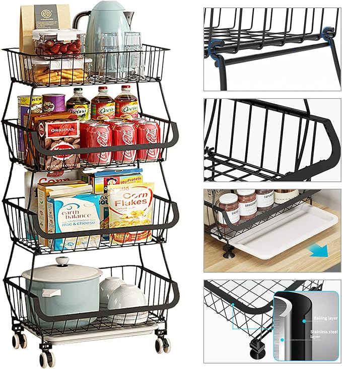 Metal Wire Baskets with Wheels, Stackable Storage Bins Kitchen Organizer Shelf 3-4-5-6 Tier Fruit Vegetable Cart Dishes Seasonal Rack Shelves for Garage, Pantry, Bathroom