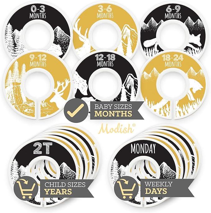 Baby Clothes Closet Organization, Hanging Size Dividers: Months & Years Sets, Girl Boy Neutral Black Yellow Woodland Animal Outdoor Mountain Forest Safari Explorer Nursery Décor, Useful Baby Gift
