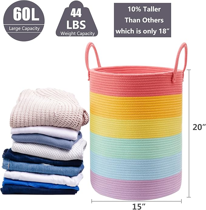 20 Inches Rainbow Baby Girls Kids Hamper Laundry Basket for Nursery Toddler Clothes Blanket Toy Storage Woven Rope Unicorn Hamper in Playroom Bedroom 60L Large