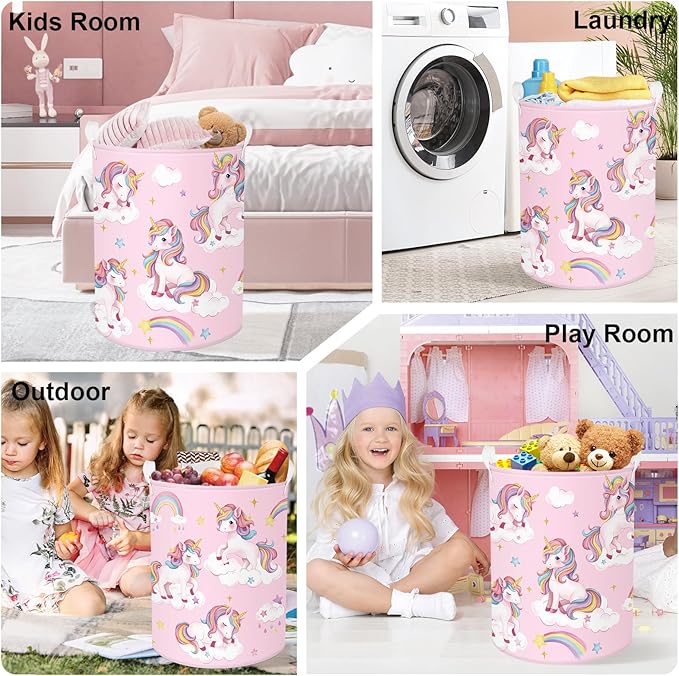 Unicorn Laundry Hamper Large Storage Basket Rainbow Clouds Collapsible Parents Organizer Kids Toy Clothes Bins for Bedroom, Bathroom, Stars, 63L