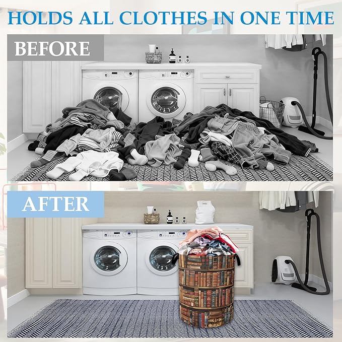 Retro Wooden Book shelf Laundry Basket Collapsible Laundry Hamper, Oxford Cloth Storage Bin for Room/Bathroom/Bedroom/Dormitories 16" X 20.8"