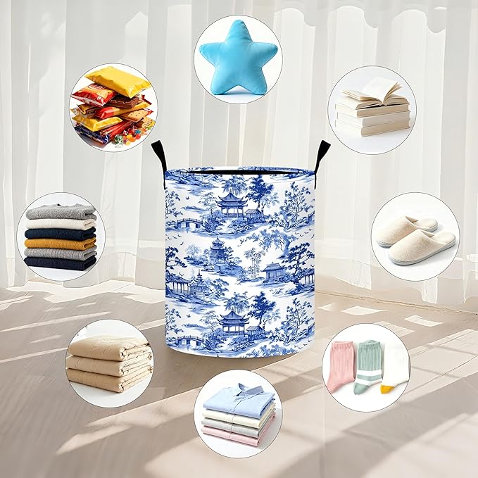 Chinoiserie Laundry Basket Storage Bin Foldable Laundry Hamper Clothes Storage Bucket Organizer 19.6x15.7 Inch For Laundry Room/Bedroom/Bathroom