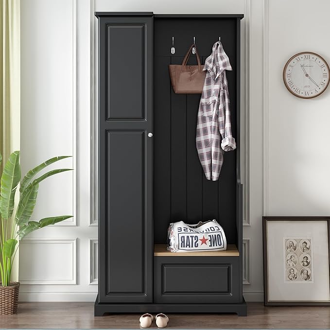 Versatile Design Hall Tree with Flip-Up Bench, 4-in-1 Minimalist Hallway Coat Hanger Shoe Cabinet with Adjustable Shelves, Entryway Coat Rack with Hanging Hooks for Entryways, Mudroom (Black-35)