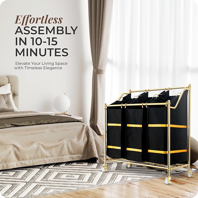 LUXURY STYLE Laundry Hamper, 3-Section Rolling Laundry Sorter Cart with Wheels, Modern Golden Hamper with 3 Bags for Clothes, Toys, and Towels