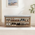 Shoe Rack Bench with Cushion, 2 Tier Solid Wood Storage Bench, Mid-Century Modern Shoe Bench for Entryway, Hallway, Closet, Front Door Entrance, Foyer (Grey, 46.5")