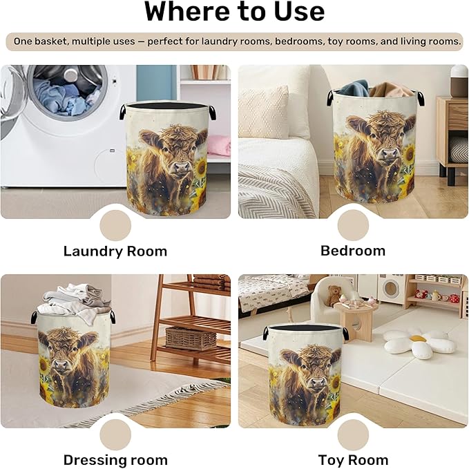 Sunflower Highland Cow Laundry Basket - Heavy Duty 60L Dirty Clothes Organizer, Water Resistant Foldable Hamper for Men Women
