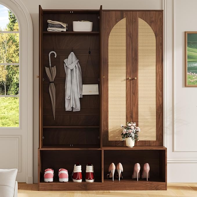 Bohemian Farmhouse Widen Hall Tree with 4 Rattan Doors, Versatile 4-in-1 Hall Tree, Mid-Century Entryway Shoe Cabinet with Adjustable Shelf and 6 Hooks, Seating Bench for Living Room