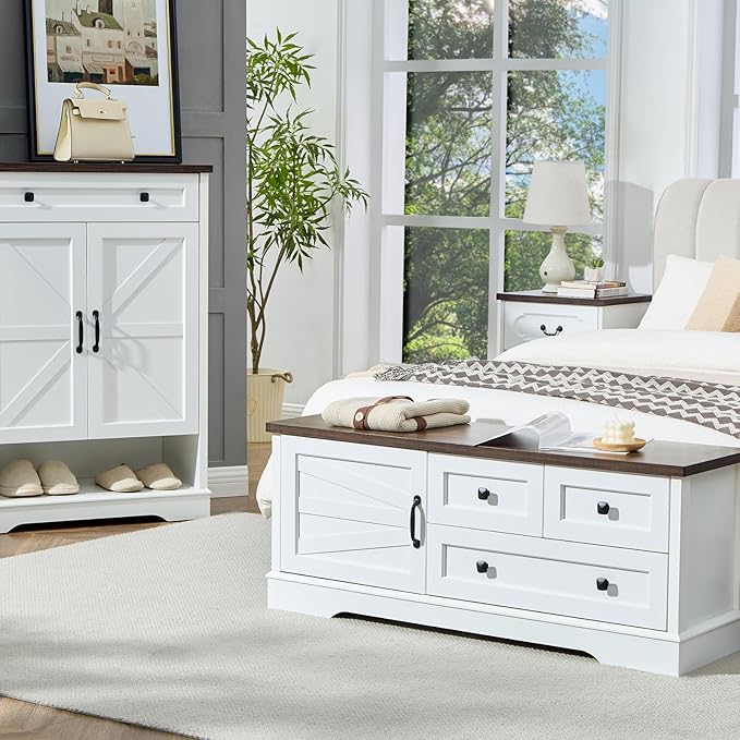 SOOWERY 48 Inch End of Bed Storage Bench, Farmhouse Bed Bench with Drawers and Cabinet, Rustic Shoe Storage Bench for Entryway, Bedroom,Living Room, White
