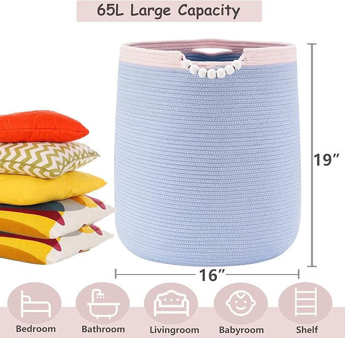 65L Blue Woven Rope Laundry Hamper Basket for Clohtes Boho Tall Rope Baskets for Blanket Large Baby Nursery Hamper for Girls Kids 16"Wide 19"Tall