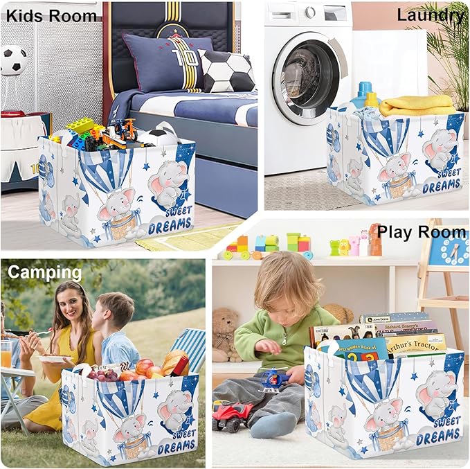 Sleeping Animals Baby Laundry Hamper Collapsible Clothes Kids Storage Basket Large Boys Girls Gift Toy Box Bin for Nursery, Elephant, 36L