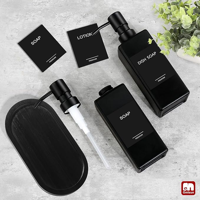 GMISUN Kitchen Soap Dispenser Set, Hand and Dish Soap Dispensers Set, Black Liquid Soap Dispenser with Tray, Refillable Dish Dispensers for Kitchen, Glass Soap Bottles with Stainless Steel Pump
