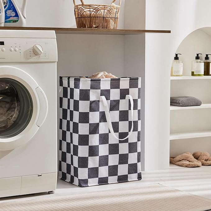 Checkered Laundry Hamper, Pack of 2, Large Black White Aesthetic Collapsible Cloth Hampers Basket for Storage Organization Cute Race Cars Boy Room Decor, 2 x 75L