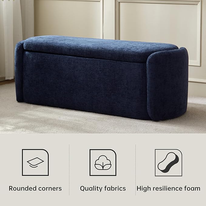 VKNOW Oval Storage Ottoman Bench, 46" Upholstered End of Bed Bench Ottomans Bench Foot Rest, Sherpa Storage Bench for Bedroom, Living Room and Hallway, Navy