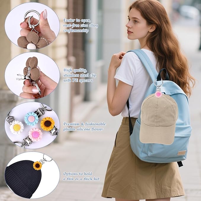 6 Pcs Flower Hat Clips for Travel on Bag Non-Magnetic Secure Hat Holder with PE Pad Waterproof Resin & Fabric Cute Travel Accessories for Women Backpack Luggage Beach