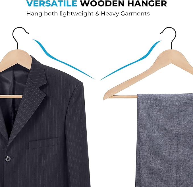 JS HANGER Wooden Coat Hangers, 16 Pack High Grade Wood Suit Hangers with Non Slip Pant Bar - Extra Smooth and Splinter Free, Unvarnished