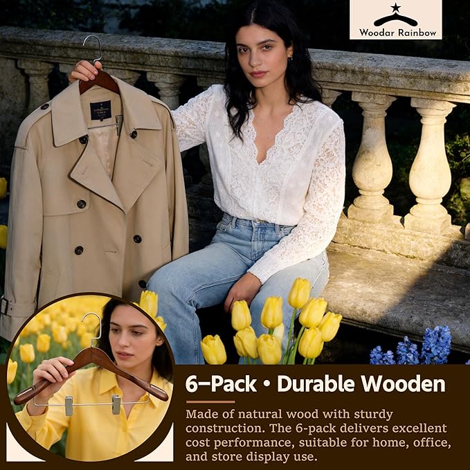 Luxury Wide Shoulder Wooden Coat Hangers with Pants Bar, Clips, Solid Wood Jacket Clothes Hangers Smooth Finish for Sweater Suit Dress Pants Sport Coats (Dark Brown, 6 Pack)