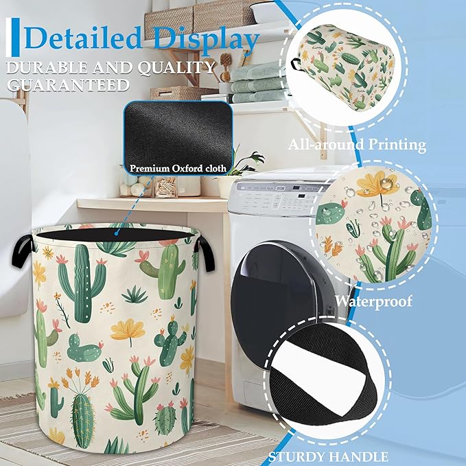 Groovy Cactus Flower Laundry Basket Collapsible Laundry Hamper, Oxford Cloth Storage Bin for Room/Bathroom/Bedroom/Dormitories 16" X 20.8"