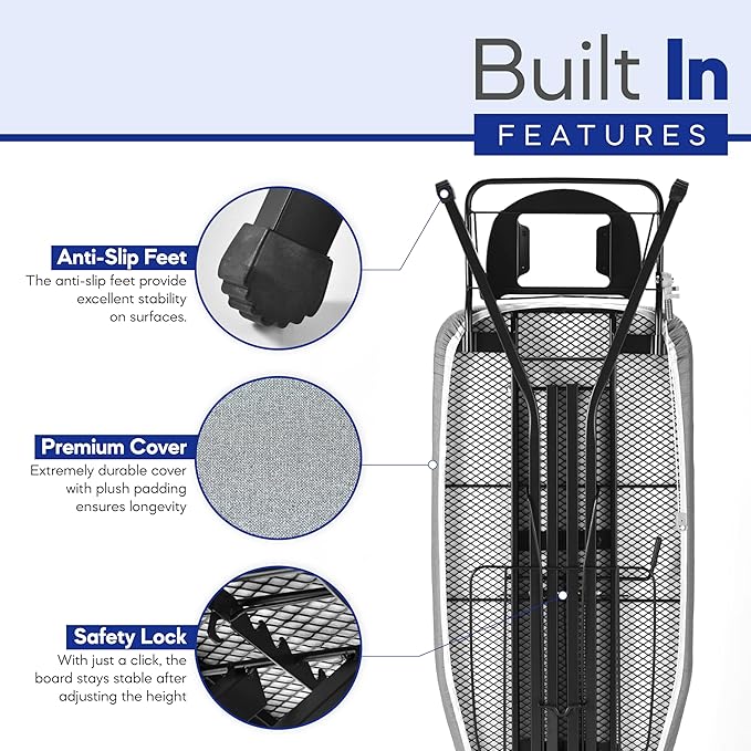 Extra-Wide Ironing Board – 48"×18" Large Surface (57" w/Iron Rest) • Built-in Clothes Rack, Hanger & Cord Holder • Heat-Resistant Cover • Heavy-Duty, No Wobble • Adjustable Height • Black Grey.
