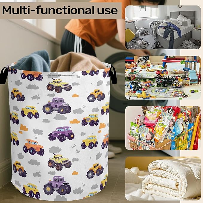 Vehicle Pattern Foldable Canvas Laundry Basket with Handles - Toy Organizer, Heavy Duty for Home，Bedroom, Dorm, Bathroom