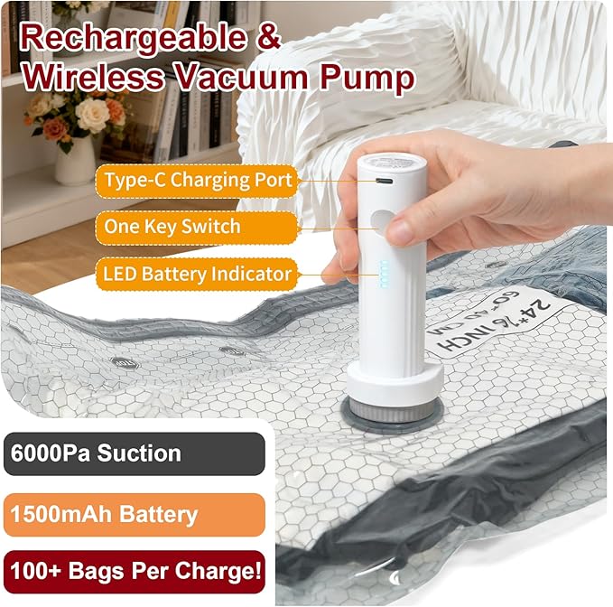 Rechargeable Wireless Pump Travel Storage Bags Set, 9 Pack (9M) Portable Space Saver Bags for Travel & Home, Vacuum Compression Packing Seal for Clothes, Blankets, Home Seasonal Storage