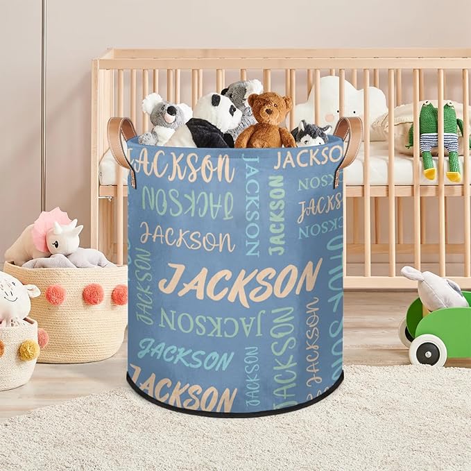 Custom Name Large Laundry-Basket for Kids-Boys-Girls, Personalized Foldable Waterproof Laundry Hamper Dirty Clothes Toys Storage Bin with Handles,Light Blue