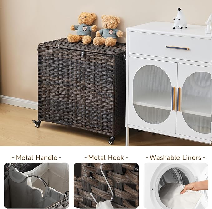 Laundry Hamper with Wheels, 39.6 Gallon(150L) Rolling Laundry Basket with Lid, Removable Large 2 Color Liners & 3 Mesh Laundry Bags, Clothes Hamper with Side Pocket, Brown