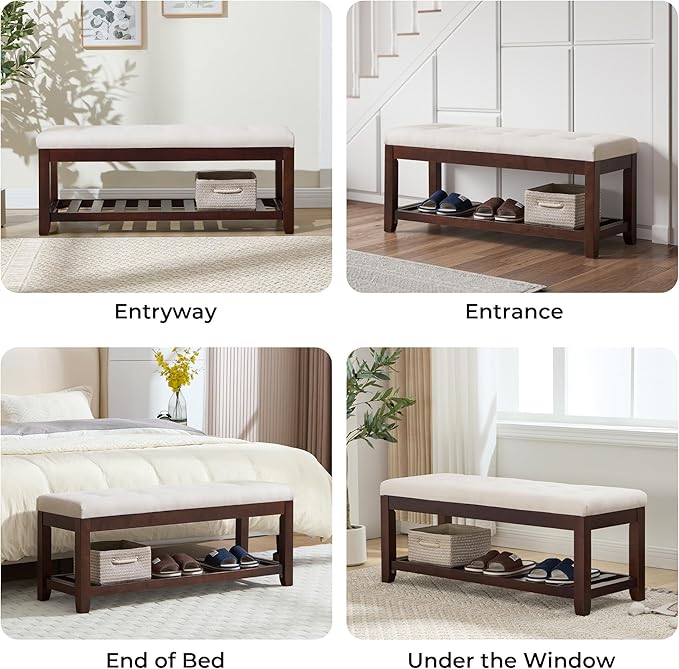 Shoe Bench Entryway, 44" End of Bed Bench,Upholstered Linen Bench for Living Room,Fabric Ottoman Bench with Solid Wood Shelf for Bedroom, Entrance Beige