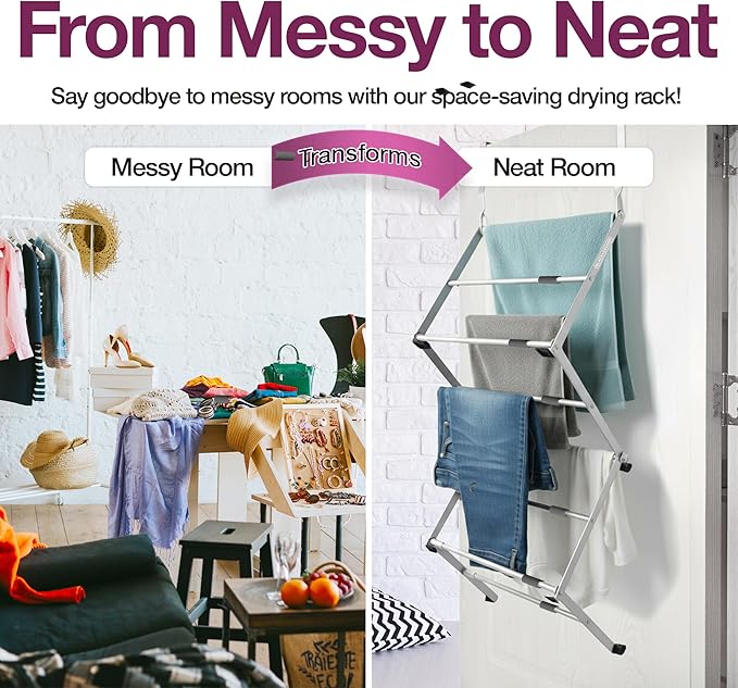 BLACK+DECKER Over The Door Expandable Telescopic Drying Rack, Clothes Organizer, Towel Hanger, Laundry, Collapsible, Silver