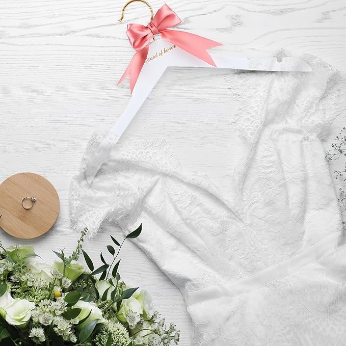 Bride Bridal Bridesmaid Hanger with Maid of Honor White Wooden Wedding Dress Hanger with White Bow and Pink Blue Bow for Bridal Party Shower Wedding Gift(Pink)