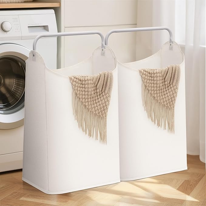 STORAGE MANIAC 2 Pack Large Laundry Hamper with Sturdy Metal Handle, Collapsible Laundry Basket, Freestanding Waterproof Clothes Hamper for Laundry Room, Bedroom, Dorm, Towels, Toys, White