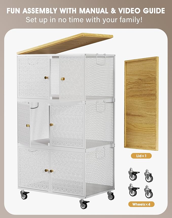 3 Tier Metal Storage Cabinet with wheels, Storage Bins with Magnetic Doors, Storage Cart for Living Room, Bedroom, Bathroom, Kitchen
