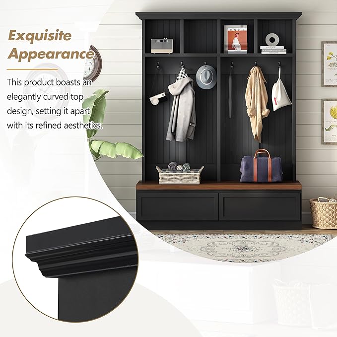 Merax Farmhouse Wood Hall Tree with Bench and Storage Drawers, 4-in-1 Coat Rack with 6 Hooks for Entrance, Hallway Black