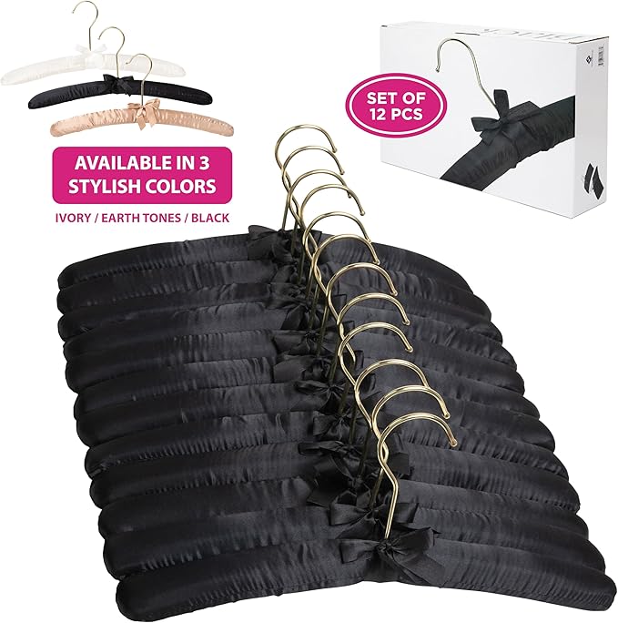 Premium Padded Hangers for Women’s Clothing - Set of 12 Non-Slip Fabric Hangers for Sweaters, Dresses, Coats, Wedding & Bride Hanger, Black