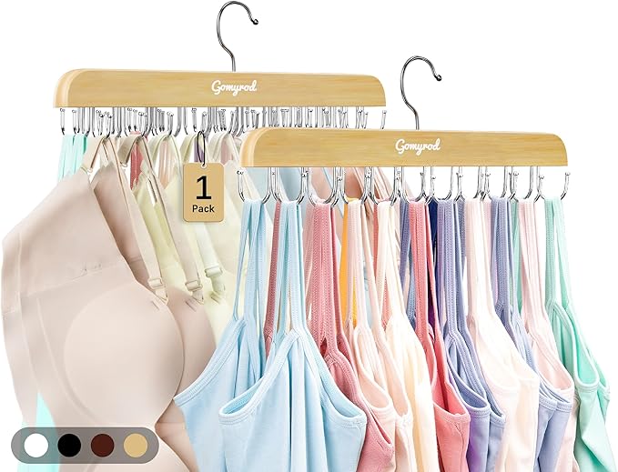 Bra Hanger for Closet, Tank Top Hanger w/20 Hooks Capacity Foldable Wood Space Saving Hangers, 360°Rotating Closet Organizers and Storage for Dorm & Apartment for Bra Scarf Ties(1 Pack)