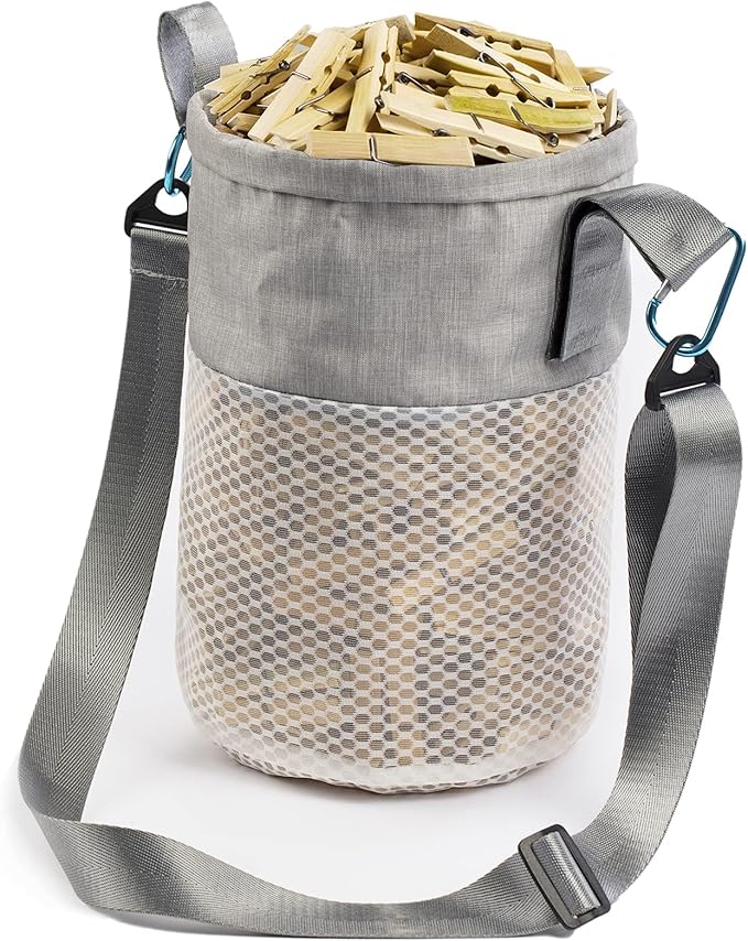 Clothespin Bag for Clothesline Outdoor, Clothes Pin Bag with Shoulder Straps, Drawstring Closure, Ventilated and Moisture Resistant, Large Capacity Laundry Clothespin Storage with Hook