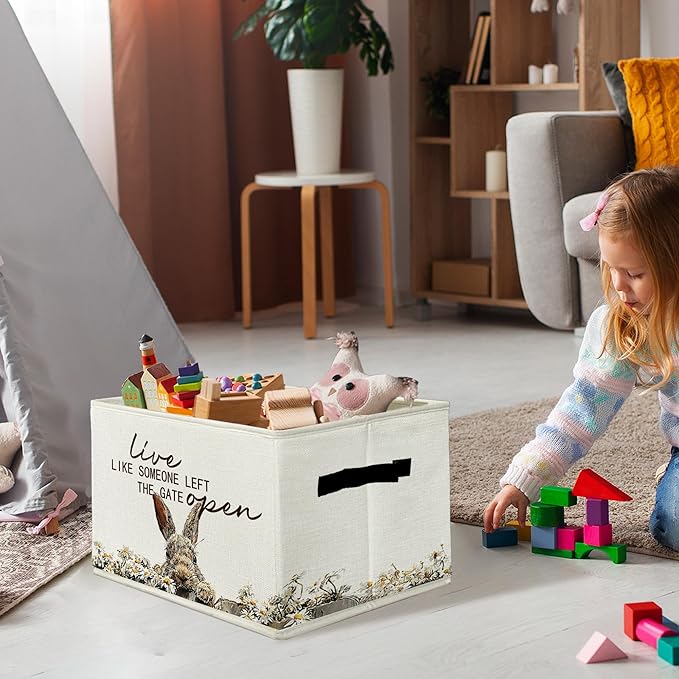 Rustic Bunny Storage Bins & Boxes with Handles, Farmhouse Rabbit Foldable Basket for Organizing, Live Like Someone Left the Gate Open Collapsible Storage Basket for Bedroom Bathroom Clothes Toys