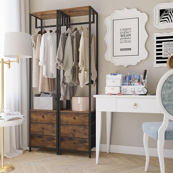 YMYNY Garment Rack, Clothes Rack with Drawers, Freestanding Tall Closet Organizer with 3 Fabric Drawers, Clothes Stand for Hanging Shirts, Coat,15.35" L×11.41" W×70.47" H, Rustic Brown UHGR001H