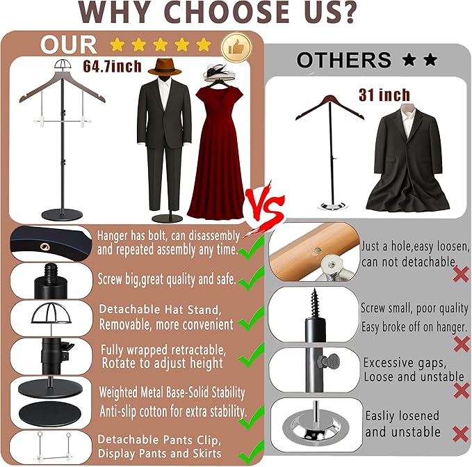 T Shirt Stand Display 26-64.7 Inch with Pants Clip and Hat Rack,Height Adjustable for Long Short Clothes Dress,Display Mannequin for Store,Closet,Photoshoot,Exhibition,Vendors Shop,Parties(1 Brown )