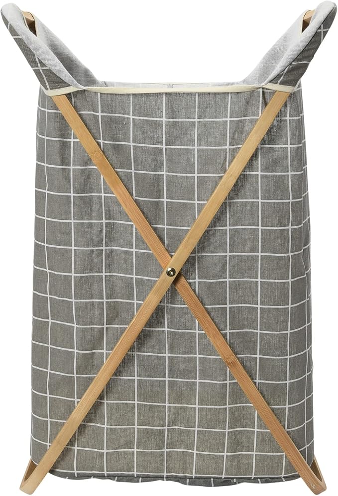 Household Essentials Bamboo X Frame Hamper with Grid Pattern, Gray
