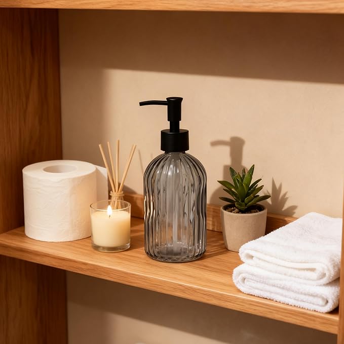 Gray Glass Soap Dispenser Set with Black Pump, 13.5oz Refillable Liquid Hand Soap Dispenser for Liquid, Shower Gel, Bathroom, Kitchen, Vanity Countertop, Laundry Room & Home Decor (2 Pack)