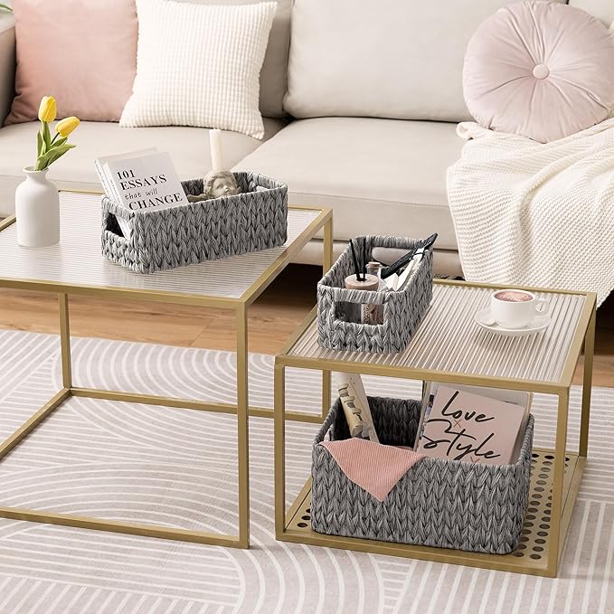 GRANNY SAYS Wicker Baskets for Organizing, Storage Baskets for Shelves, Small Baskets for Counter, Waterproof Storage Basket with Handles, Gray, 3-Pack