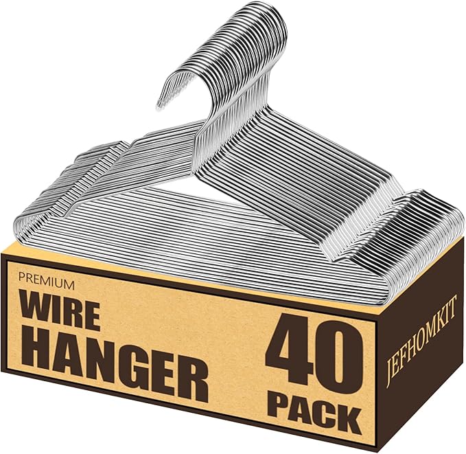 Wire Hangers,Heavy Duty Clothes Hanger,Silver Metal Hangers,Stainless Steel Coat Hanger with Non Slip Notch,Ultra Thin Space Saving Wire Hanger 16.5 Inch (40Pack)